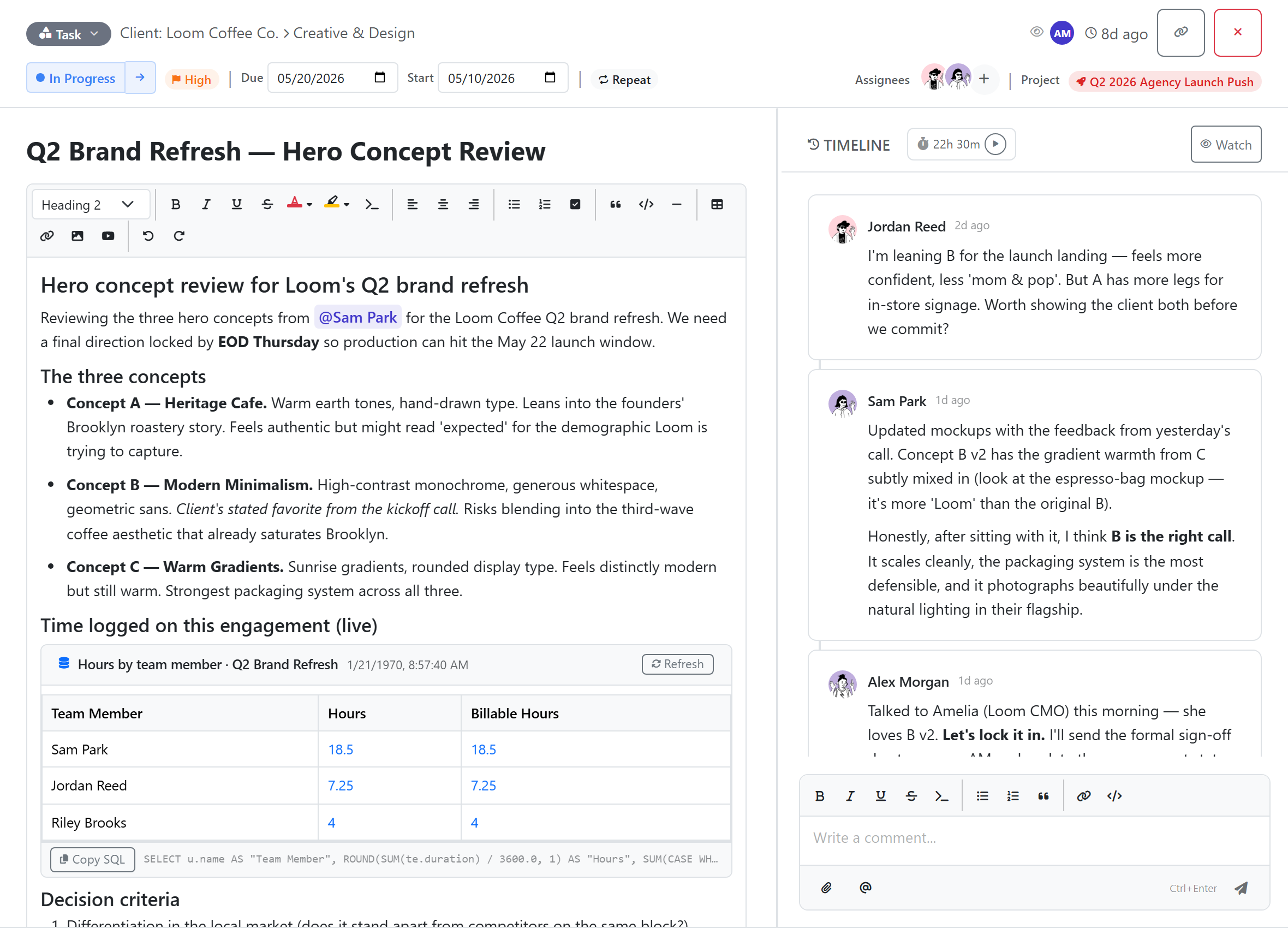Rich task panel with custom fields, embedded query block, comments.