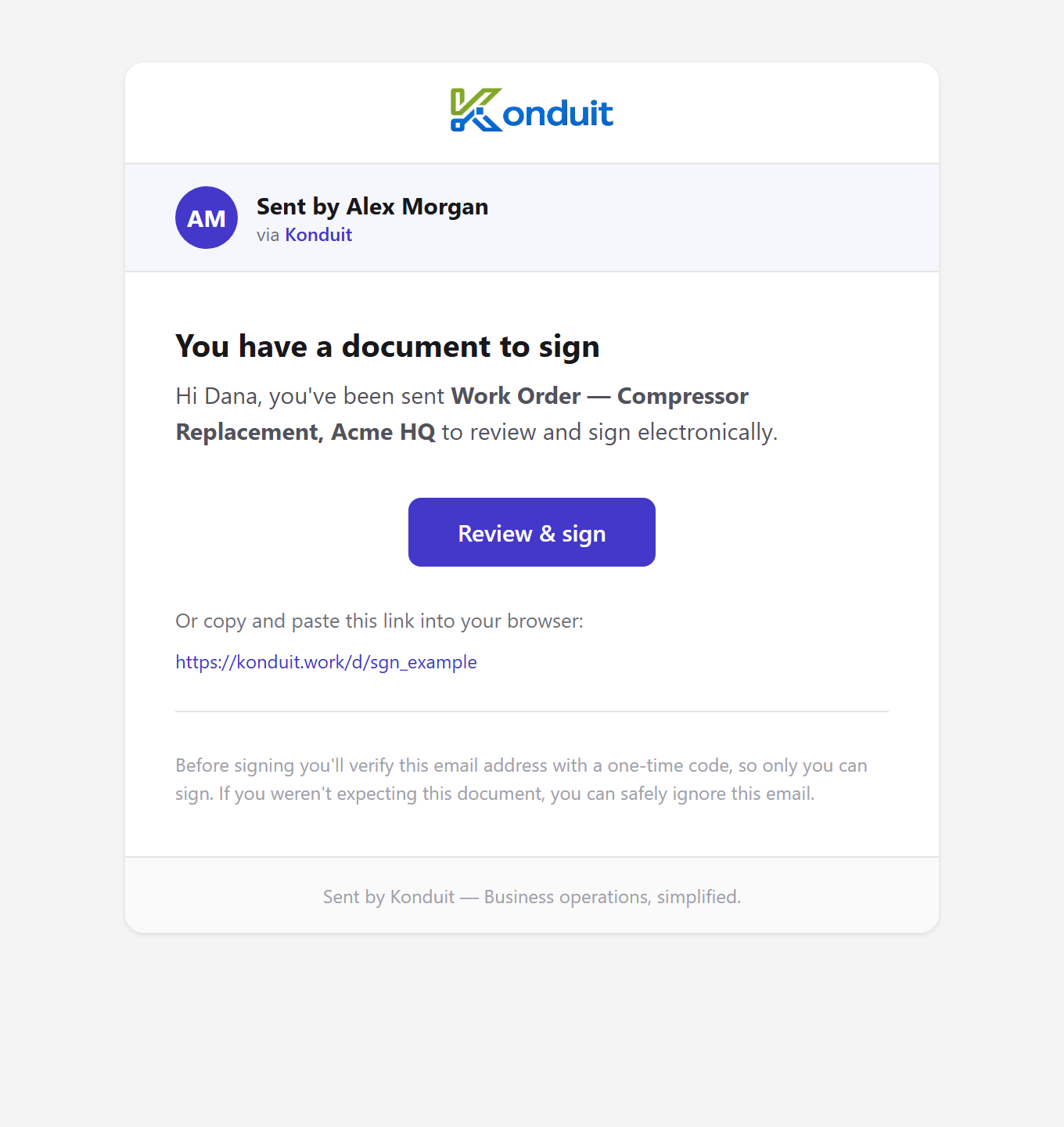 Konduit signing invitation email — sender band with 'Sent by Alex Morgan via Konduit' and a Review & sign button