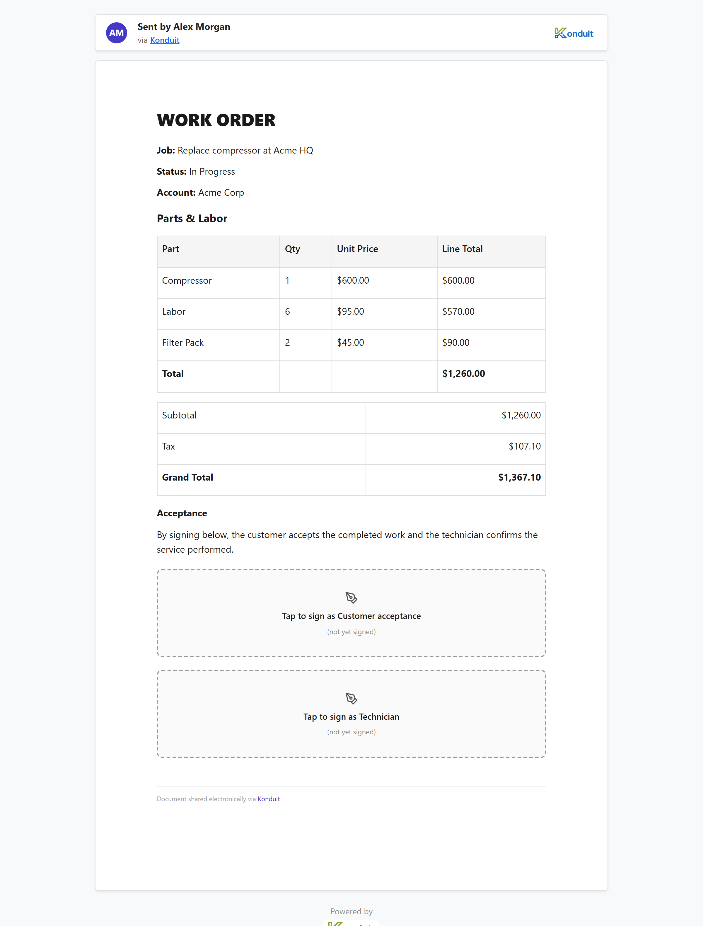 A work order sent for signature in Konduit — 'Sent by Alex Morgan via Konduit' with parts, labor, and totals generated from the job record