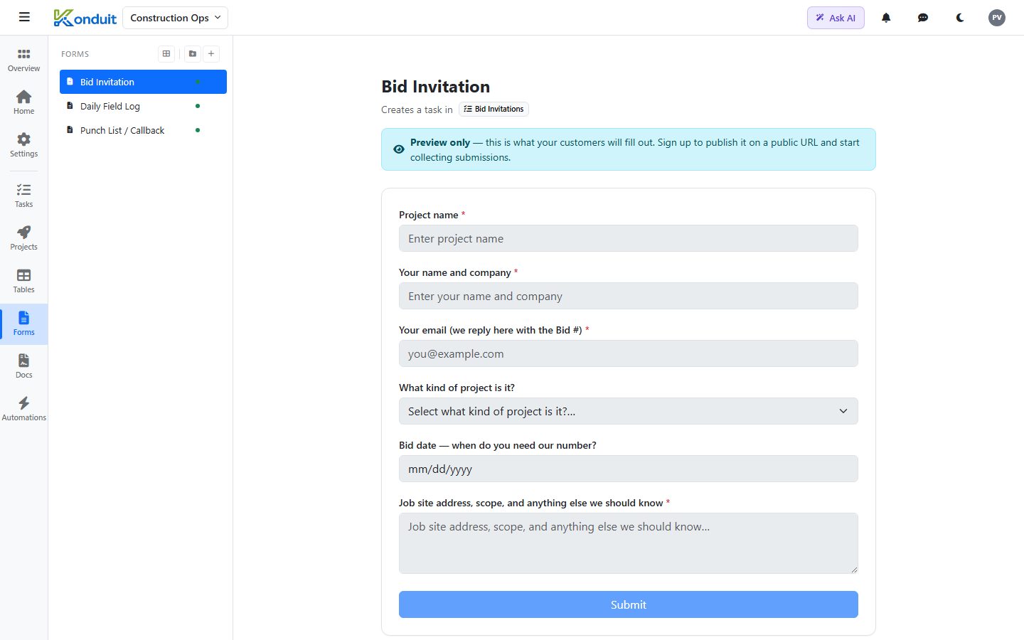 Specialty Trade Contractor template — Bid Invitation — public intake form