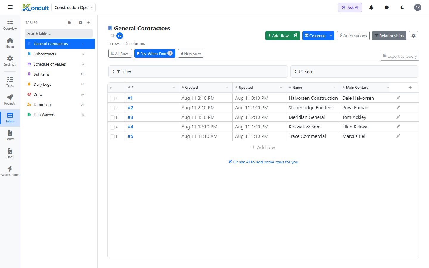 Specialty Trade Contractor template — General Contractors — linked records