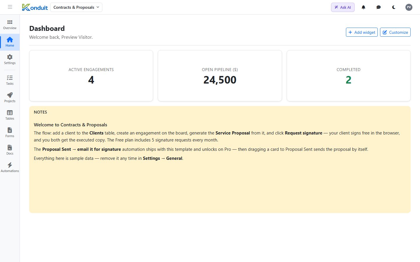 Contracts & Proposals template — Live dashboard