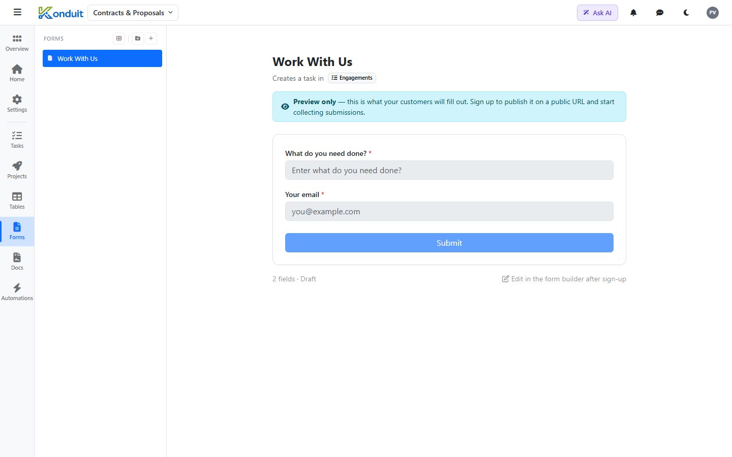 Contracts & Proposals template — Work With Us — public intake form