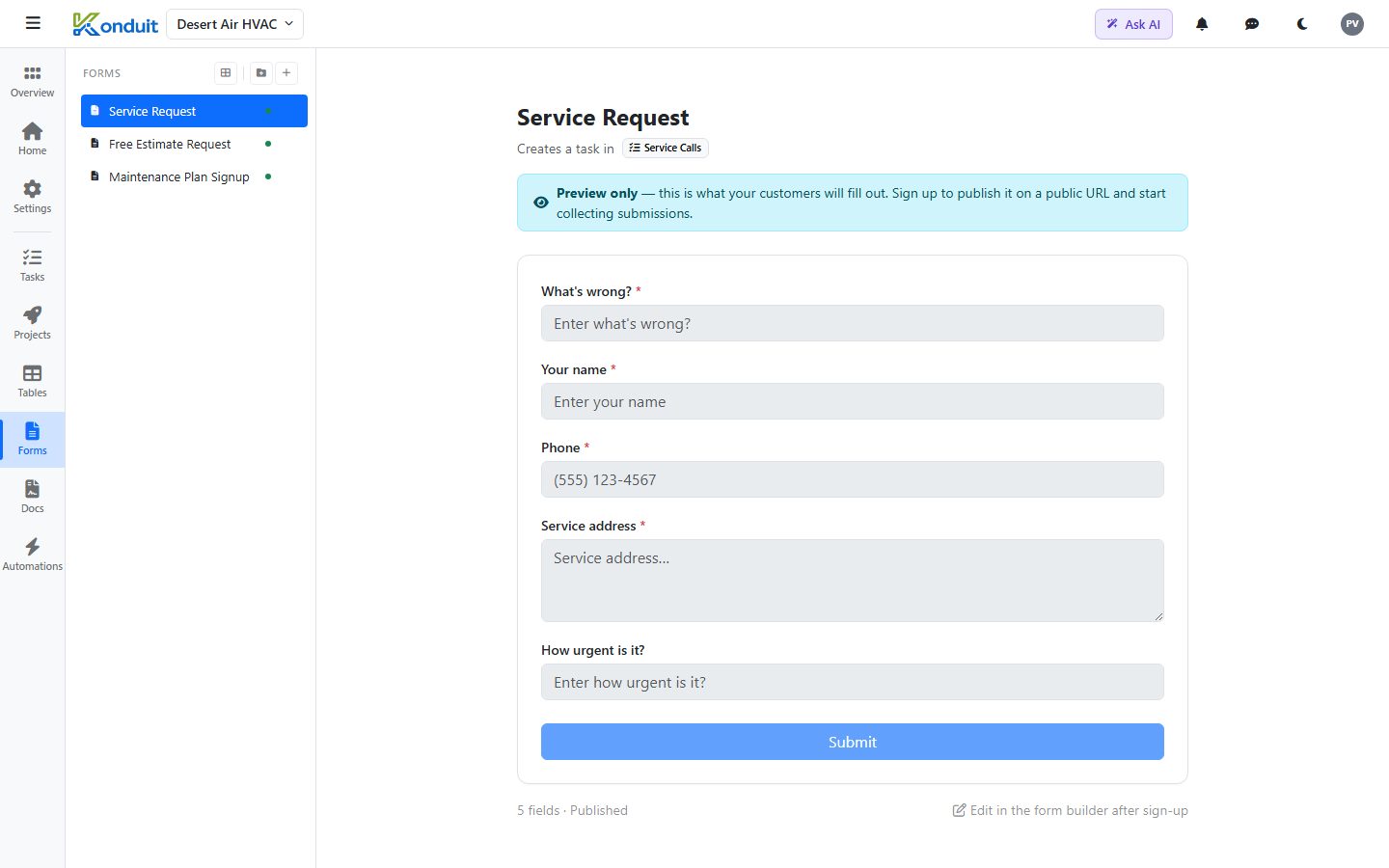 HVAC Contractor template — Service Request — public intake form