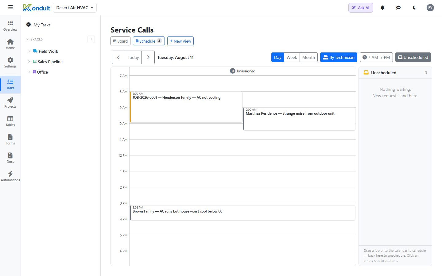 HVAC Contractor template — Schedule — drag jobs onto the calendar