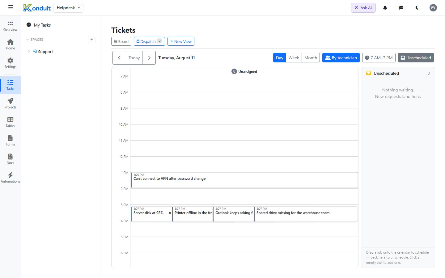 IT / MSP Helpdesk template — Dispatch — drag jobs onto the calendar