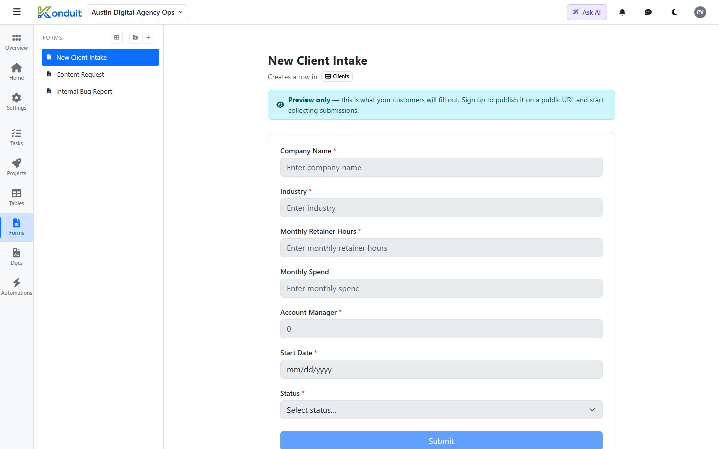 Austin Digital Agency Ops template — New Client Intake — public intake form