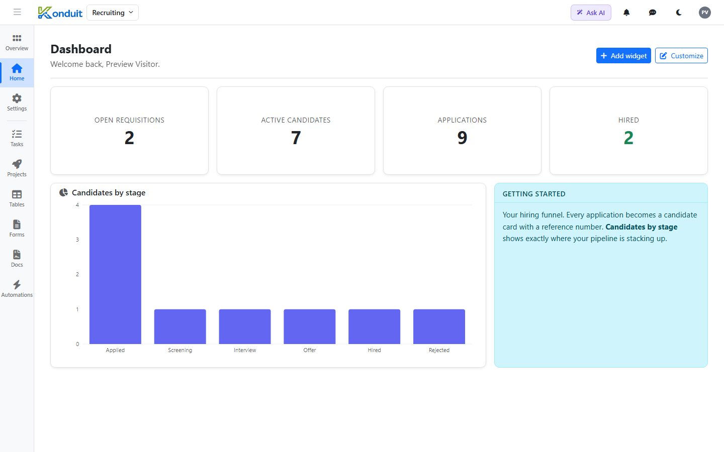 Recruiting & Applicant Tracking template — Live dashboard