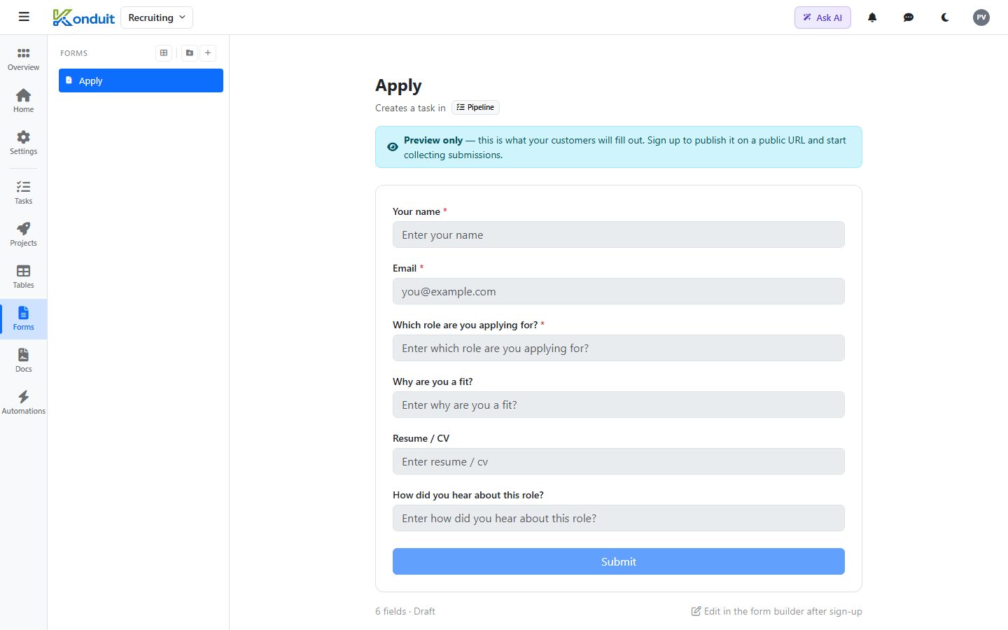 Recruiting & Applicant Tracking template — Apply — public intake form