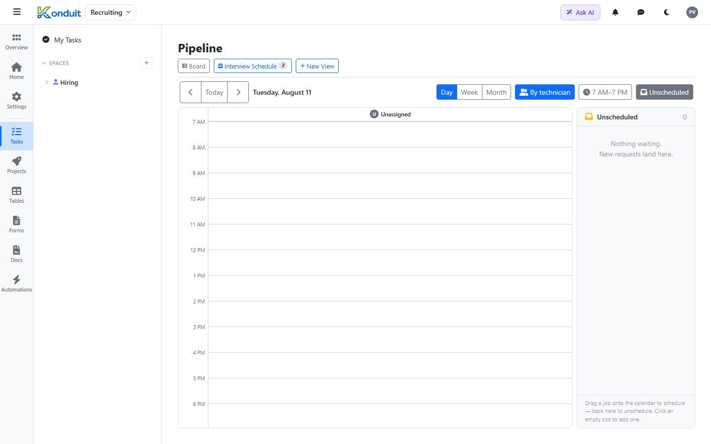 Recruiting & Applicant Tracking template — Interview Schedule — drag jobs onto the calendar