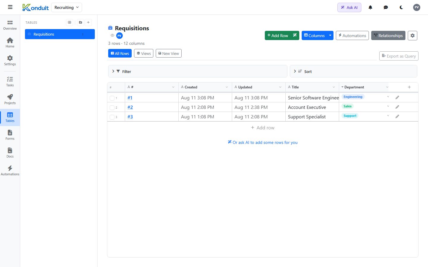 Recruiting & Applicant Tracking template — Requisitions — linked records