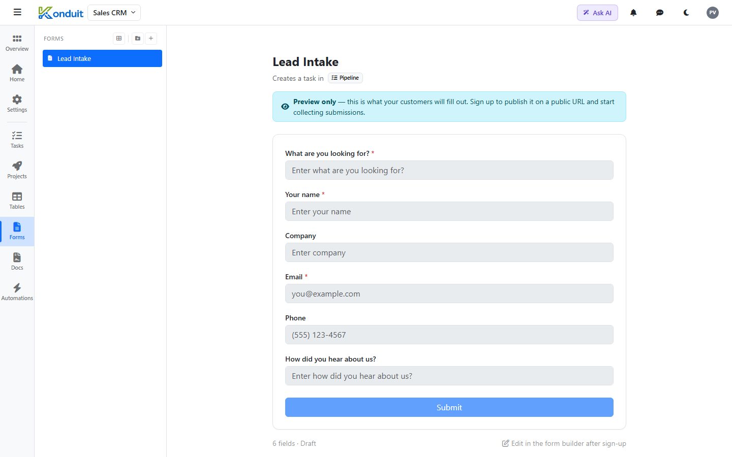 Sales CRM & Pipeline template — Lead Intake — public intake form