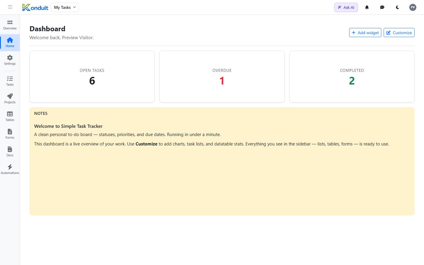 Simple Task Tracker template — Live dashboard
