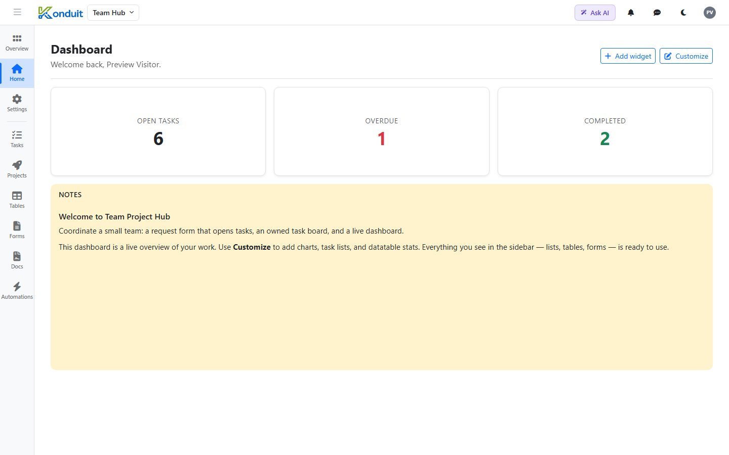 Team Project Hub template — Live dashboard