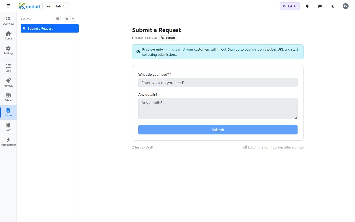 Team Project Hub template — Submit a Request — public intake form